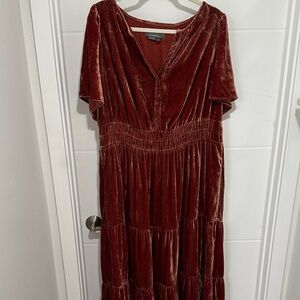 Anthropologie Velvet Tiered Maxi Dress in Burgundy Rust